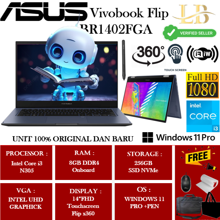 Laptop Flip Asus Vivobook BR1402FGA P31T 2in1 Intel Core i3 N305 8GB 256GB 14"FHD Touch Win11 +PEN