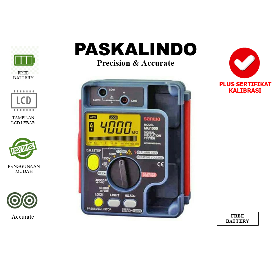 Sanwa MG1000 Insulation Tester Resistence Tester Megger 1000V Plus Sertifikat Kalibrasi KAN
