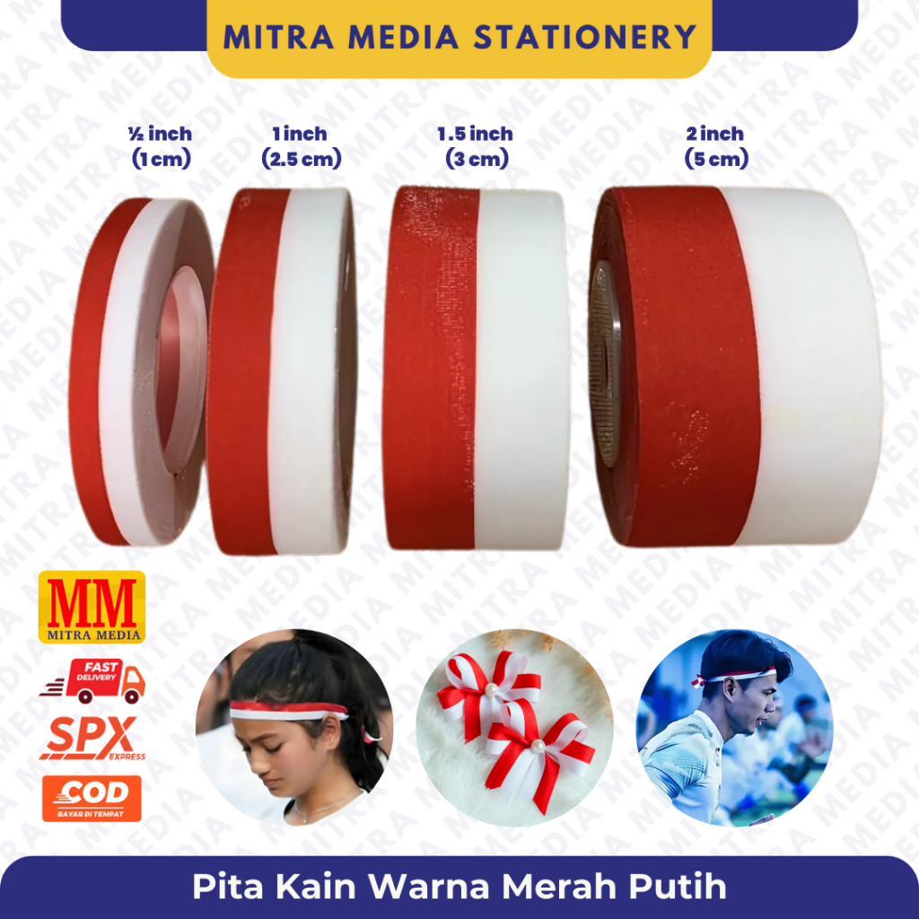 

Pita Kain Merah Putih / Pita Bendera / Pita Satin - 1/2 inch/ 1 inch/ 2.5 cm/ 1 cm