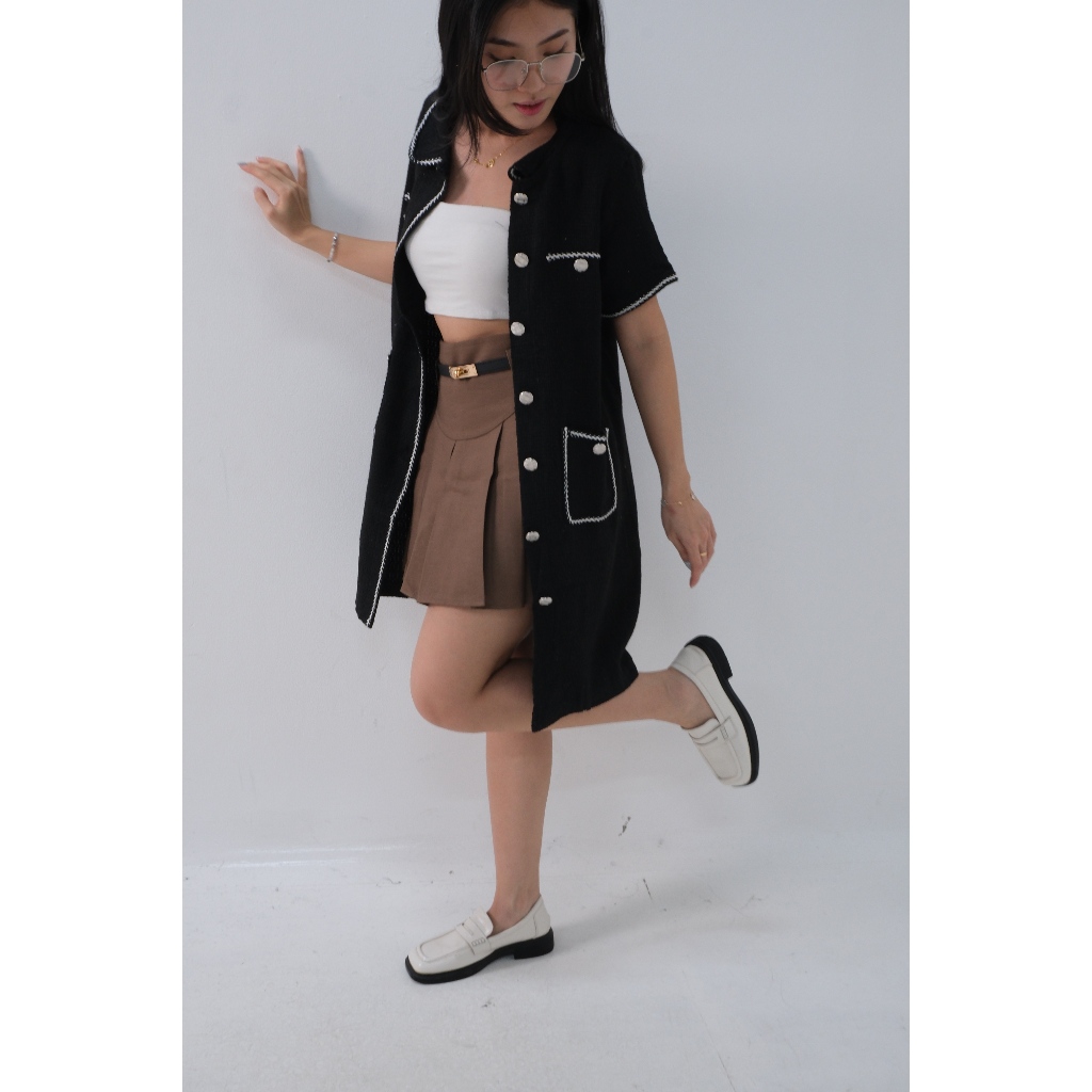 Dress Wanita Tweed Korea Midi Short Sleeve Wine - FASHIONDEALS