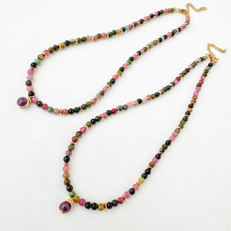 Tourmaline Necklace with Amethyst Pendant / Kalung Tourmaline Asli Natural Monili Accessories
