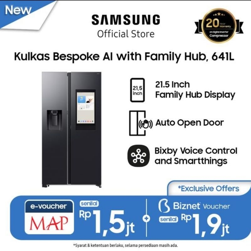 SAMSUNG KULKAS PINTAR BESPOKE AI DENGAN FAMILY HUB 641L SIFE BY SIDE RS90F65ANFSE