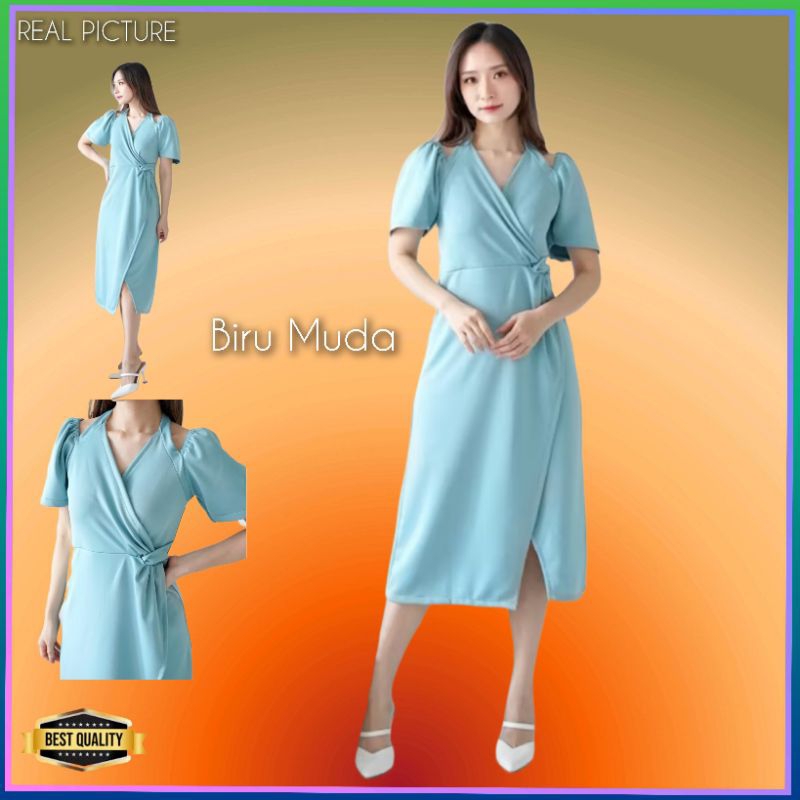 Dress Pesta Wanita Peizhi Gaun Korea Kondangan Elegan Kekinian Biru Muda