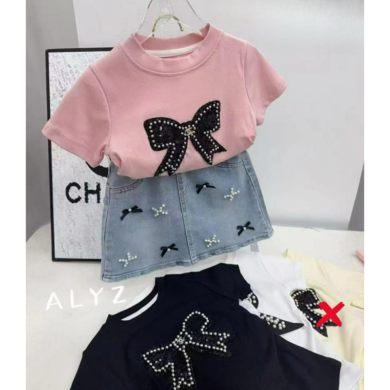 Setelan anak perempuan rok jeans pita pita bkk trandy 2025 dan atasan kaos pita lengan pendek streat
