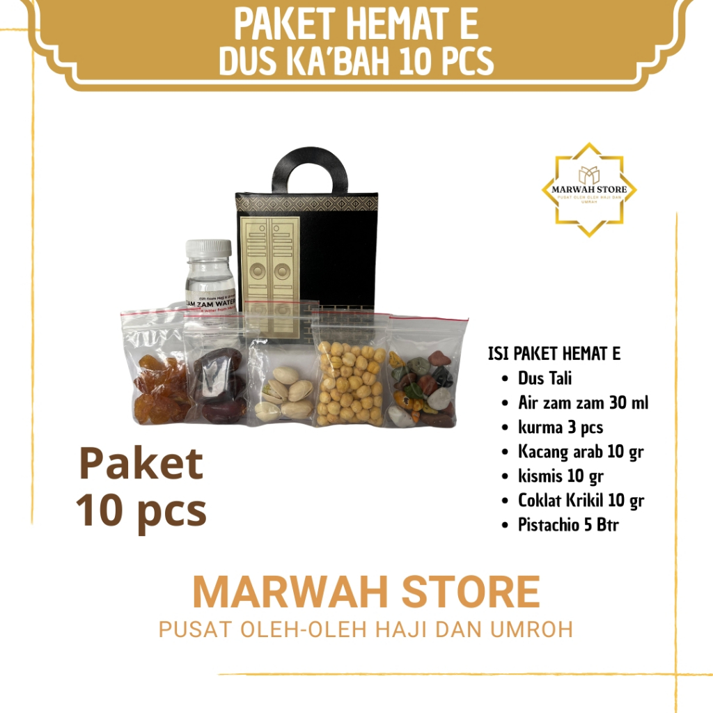 

Oleh-oleh Haji dan Umroh Paket Hemat E 10 pcs Dus Ka'bah Lengkap Air Zamzam