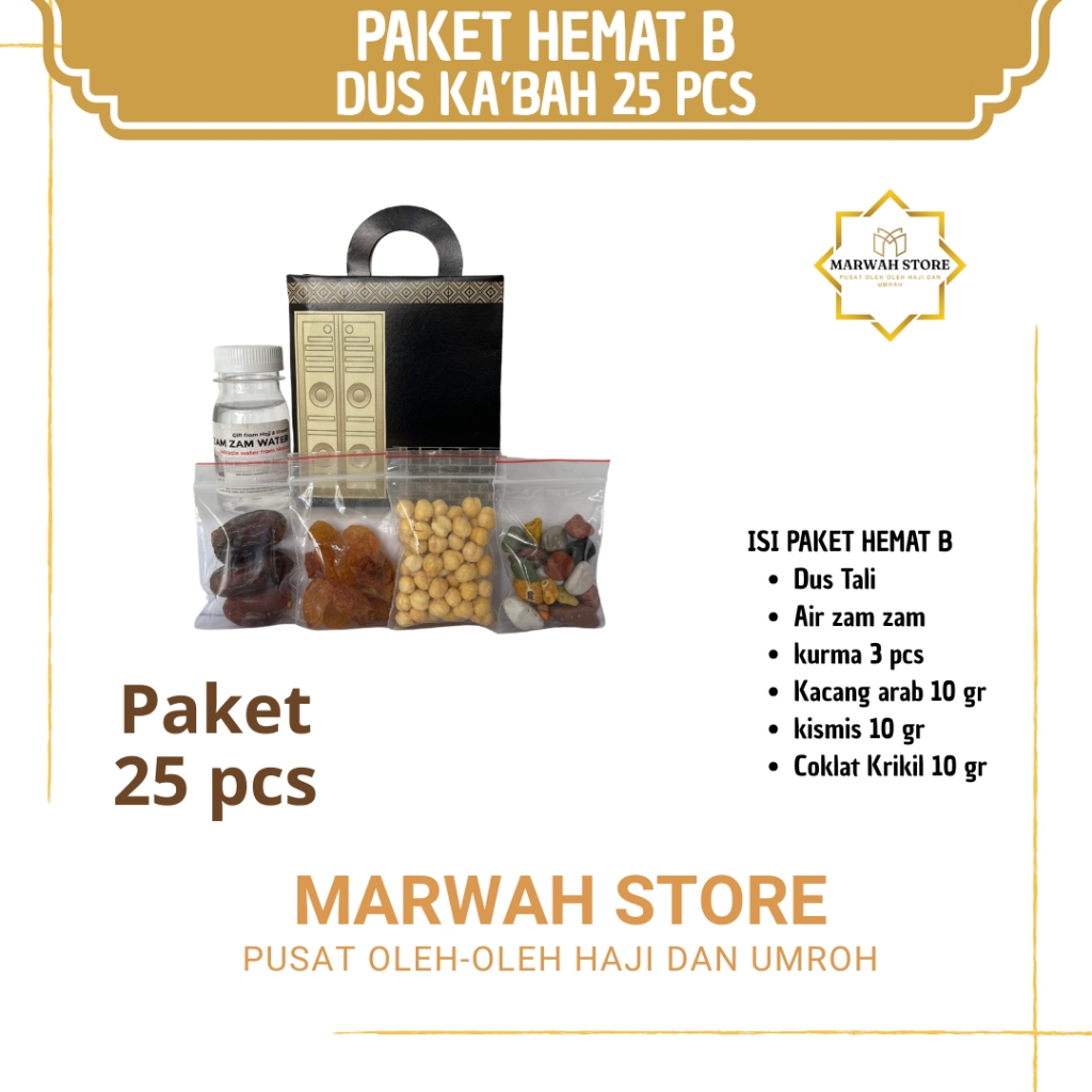 

Oleh-oleh Haji dan Umroh Paket Hemat B 25 pcs Dus Ka'bah Lengkap Air Zamzam