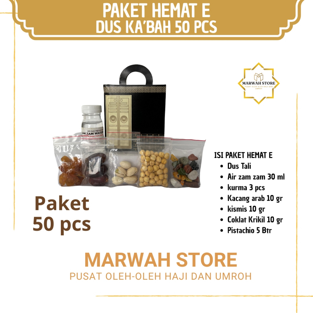 

Oleh-oleh Haji dan Umroh Paket Hemat E 50 pcs Dus Ka'bah Lengkap Air Zamzam