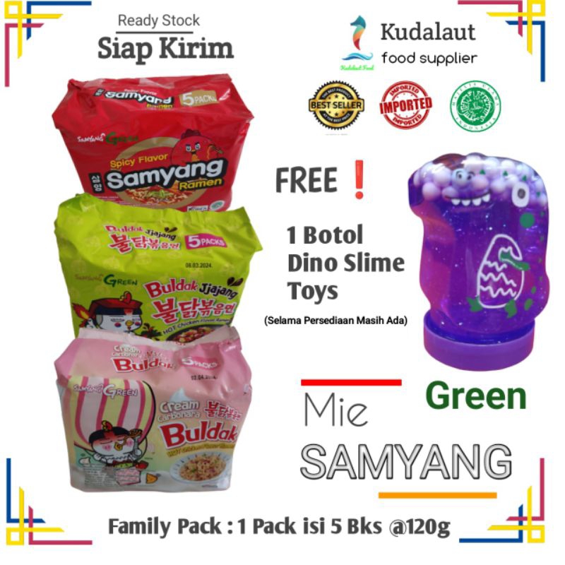 

Mie Samyang Green Ramen - Spicy Flavor Ramen - Jjajang Black Bean/Cream Carbonara Buldak Hot Chicken Ramen (1 pack isi 5 bks @120g)