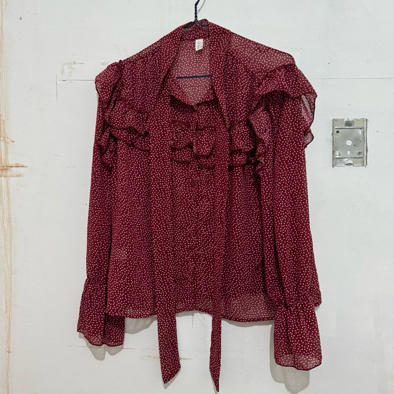 Blouse wanita merah maroon polkadot