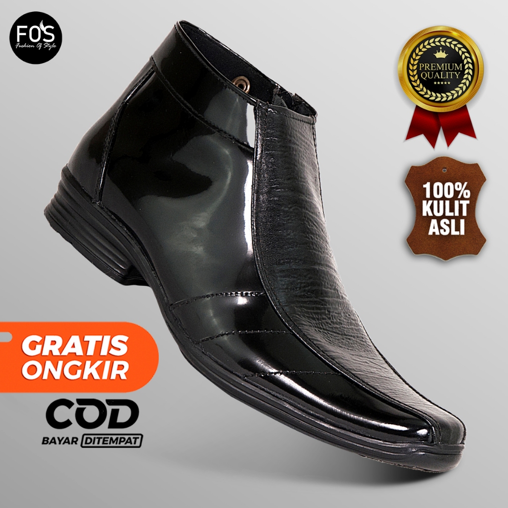 Sepatu PDH pria kulit asli mengkilap pantofel boot formal cowok dinas kerja kantor hitam resleting