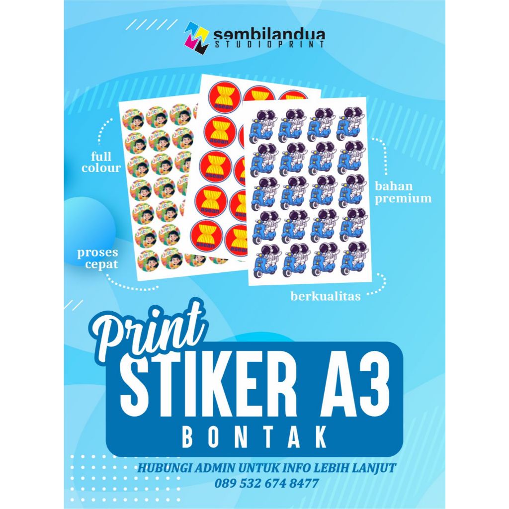

PRINT CETAK STIKER BONTAK A3+ || STIKER KEMASAN, STIKER NAMA, STIKER LOGO TERMURAH