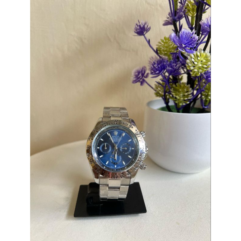 JAM TANGAN PRIA ROLEX DAYTONA SILVER  DIAL BIRU – CHRONO AKTIF MIRROR