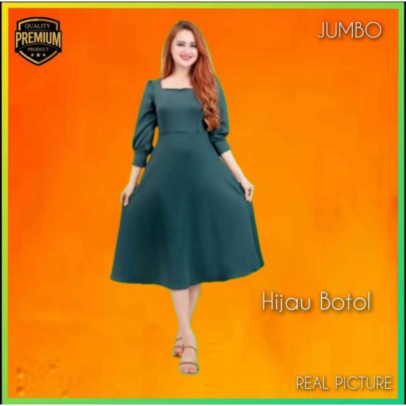 Dress Scuba Wanita Arumi Jumbo LD 110-115 Gaun Korea Pesta Hijau Botol