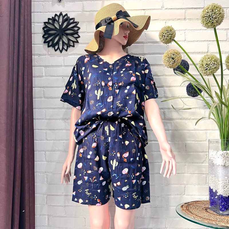 COLOURINAJA Piyama Celana Pendek - Piyama Wanita - Piyama Kerah V - Piyama Rayon