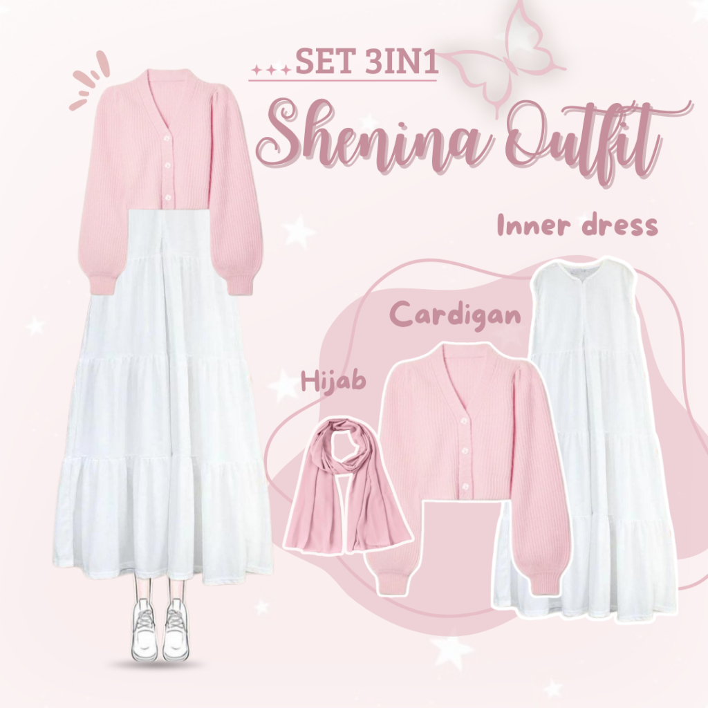 One Set Wanita Kekinian (Cardigan Rajut Pink | Inner Dress Rampel Putih | Hijab Dusty Pink) QNL002