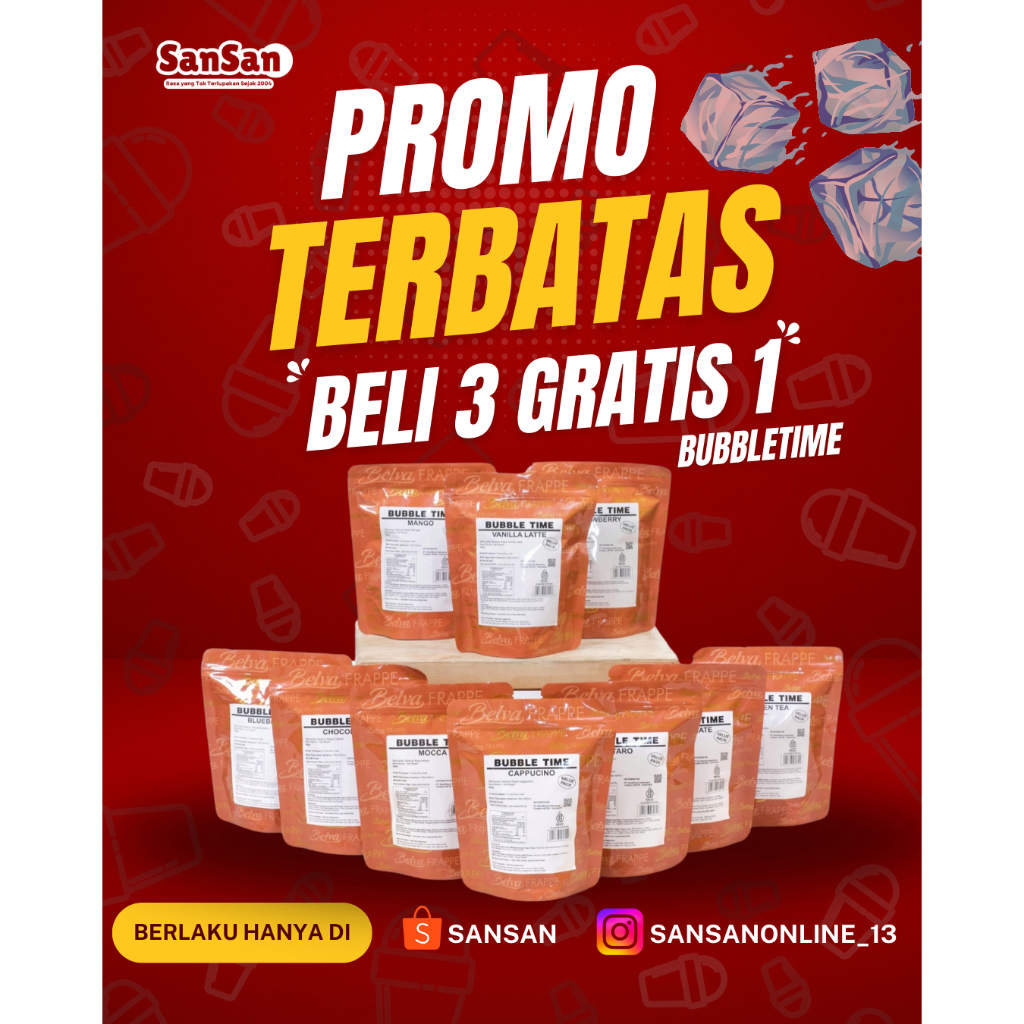 

Bubbletime minuman bubuk 500gram varian rasa Taro, Mango, Choco caramel, Vanilla latte, Cappucino, Chocolate, Strawberry, Blueberry, Greentea, Mocca