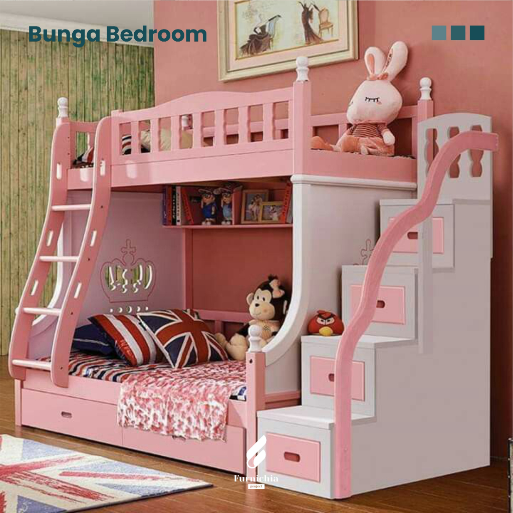 Ranjang tidur tingkat warna pink, Kamar tidur tingkat anak cewek, Ranjang susun 2 bed warna pink,