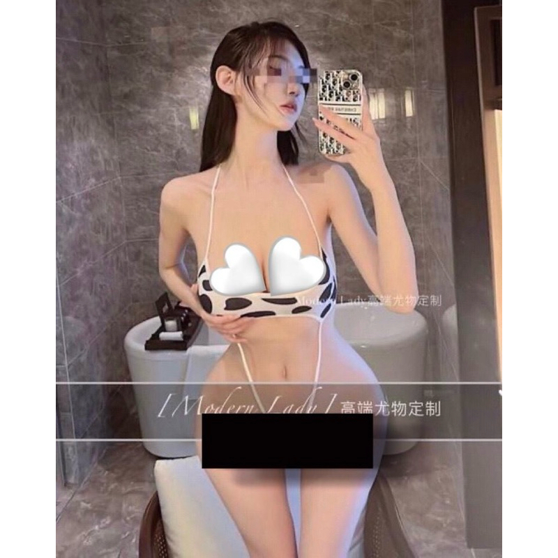 1783 Bodysuit teddy + stoking kaki halter neck strings back lingerie sexy wanita dewasa motif sapi c