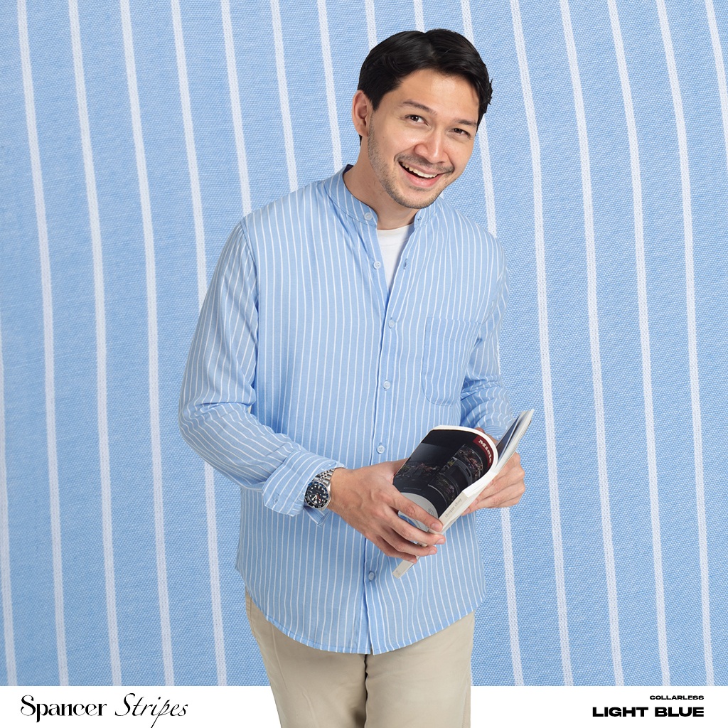 Kemeja Koko Garis Pria WOODCUTTER Collarless Spancer Stripes Kerah Shanghai - Light Blue Panjang
