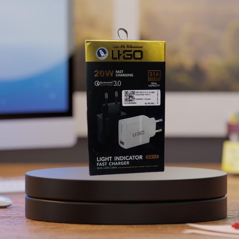 Charger Travel UGO AQ12 Ori 100% 3.1A 20W Fast Charging Type-C dengan Indikator LED dan Kabel Charge