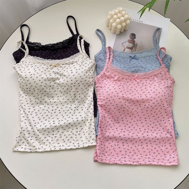 NIFTY.CO Tanktop Bra Wanita Motif Bunga Renda Atasan Tali Singlet Floral Lace Pita Lucu