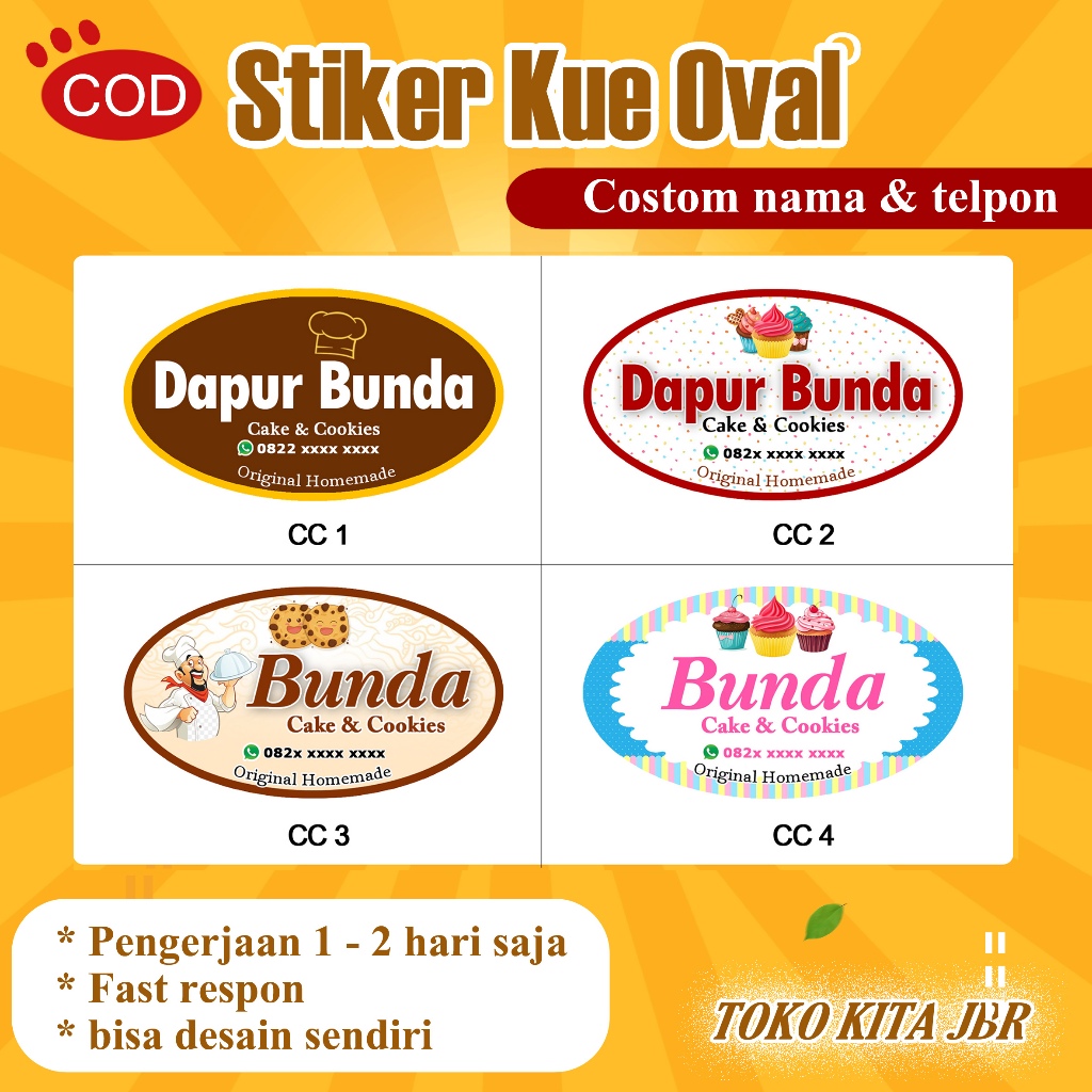 

Cetak Stiker Label Produk Kue Stiker Toples Kue Bentuk Oval / Isi 100 Lembar / Cromo