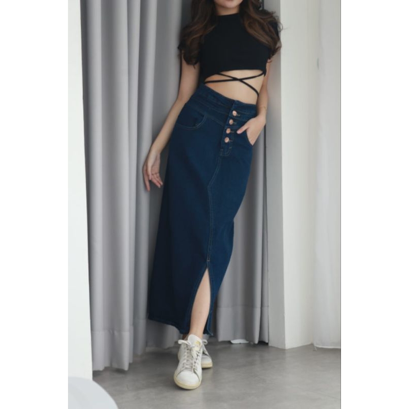 rok jeans higwaist rok levis wanita kekinian rok lorin medelyn Variasi Kancing button model span mid