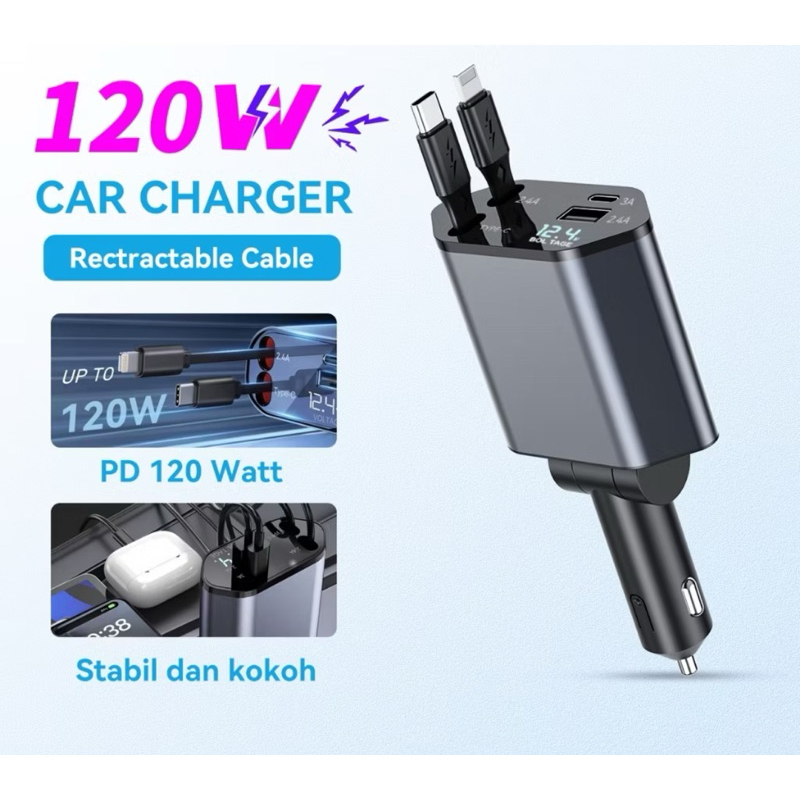 Casan mobil Cable Car Fast Charger Colokan Mobil 4 In 1 PD 120W USB Type C & Lightning Fast Charging