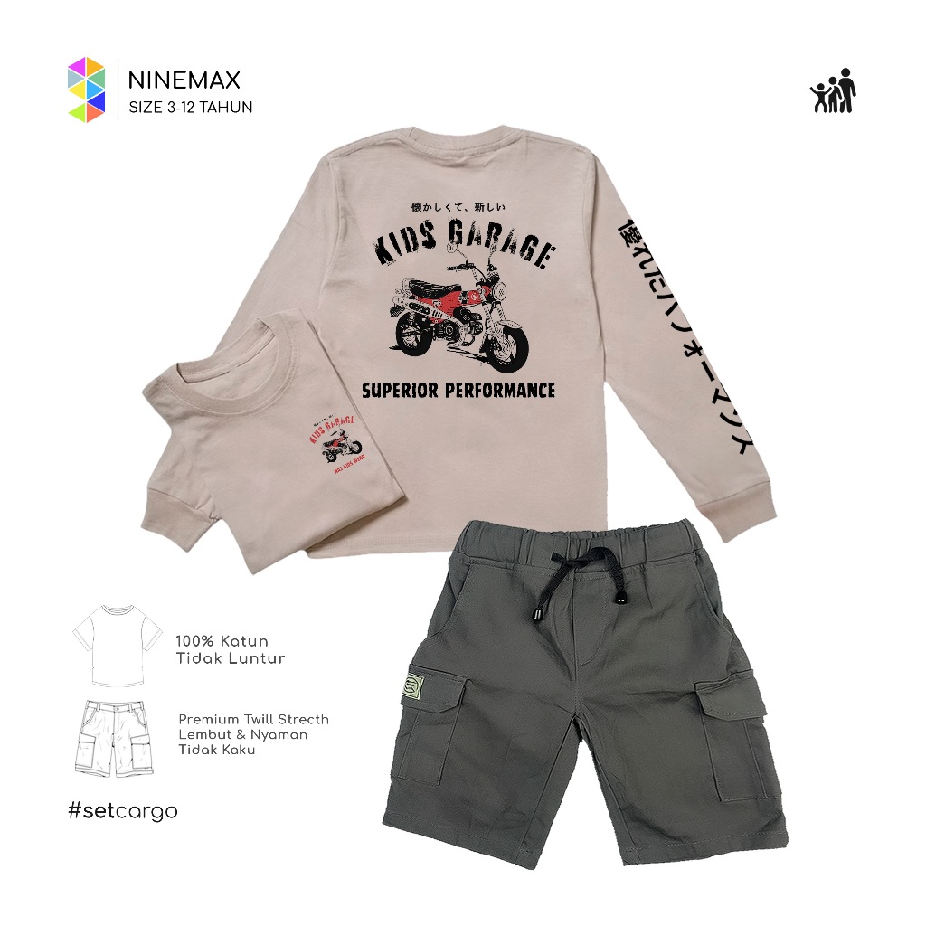 Murah 9Max Motor Crew Stelan Kaos Anak Lengan Panjang Dan Celana Cargo Chinos Pendek Usia 3-12Th