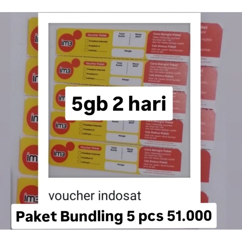 Voucher Indosat 5 gb 2 hari bundling 5 pcs 51.000