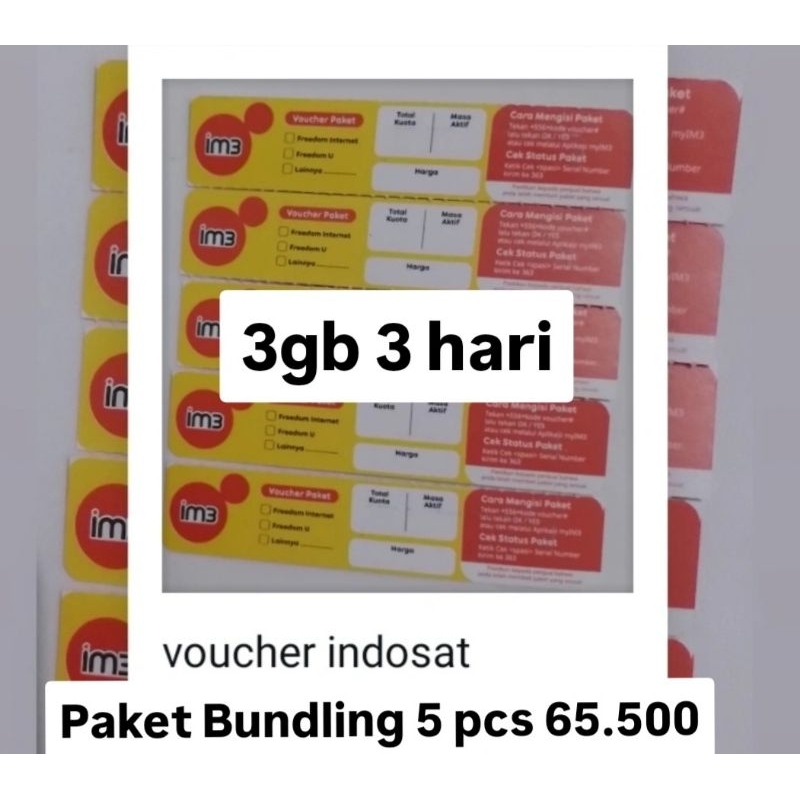 Voucher Indosat 3 gb 3 hari bundling 5 pcs 65.500