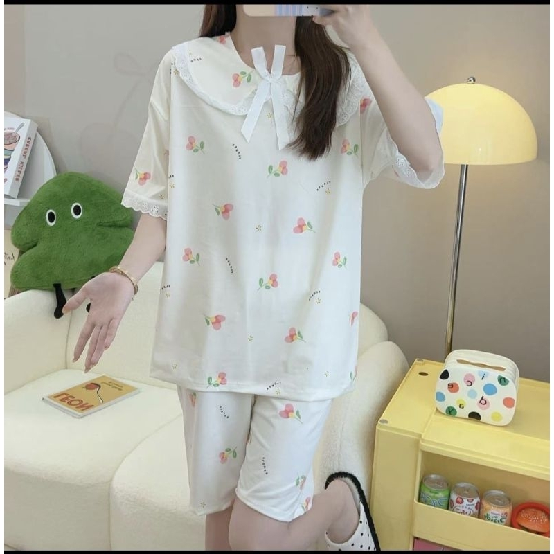 PIYAMA IMPORT 3/4 BUNGA PUTIH RENDA