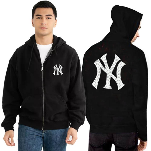 Zipper Hoodie MLB Korea NY Classic Monogram Hoodie Ritsleting Unisex Bahan Black Cotton Fleece | Siz
