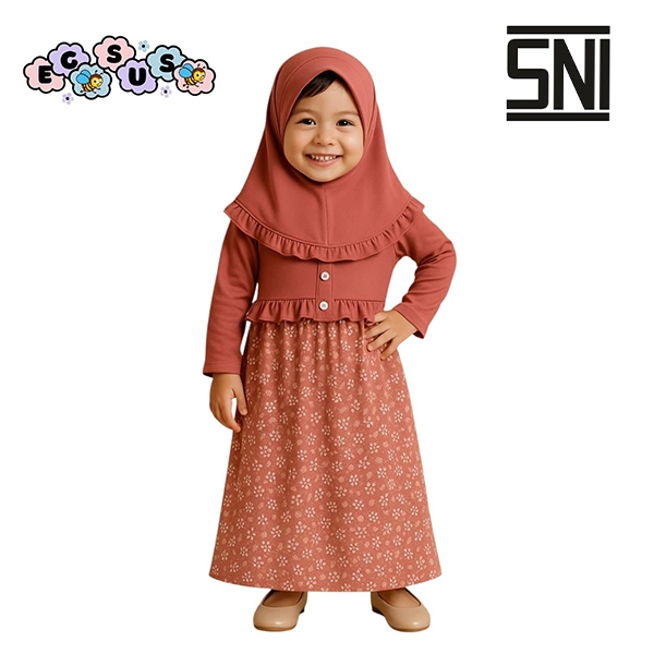 (EGSUS) Gamis Hijab Bayi Az-Zahra Spandek Kancing Motif Bunga Ruffle 0-18 Bulan Dusty
