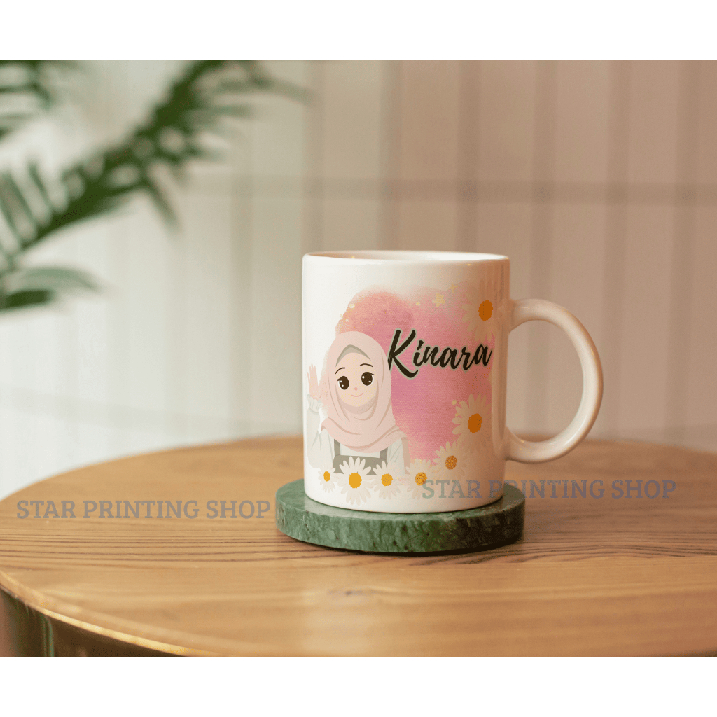 CETAK CANGKIR GELAS MUG CARTOON MUG CUSTOM NAMA HIJAB MUSLIMAH REQUEST NAME
