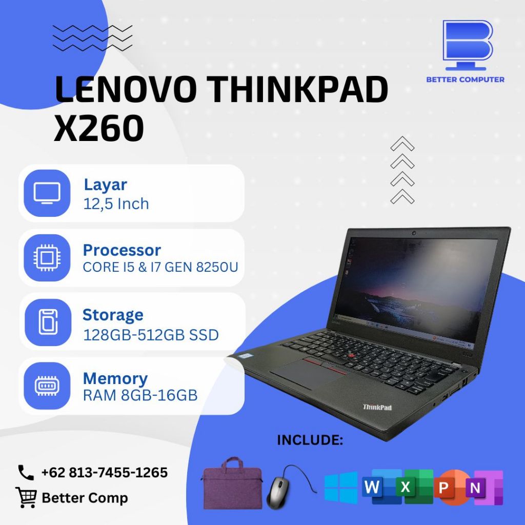 Laptop Lenovo ThinkPad X260 Core i5 & i7 Gen 6 RAM 8GB SSD 256GB 12.5 Inch Laptop Second Bergaransi