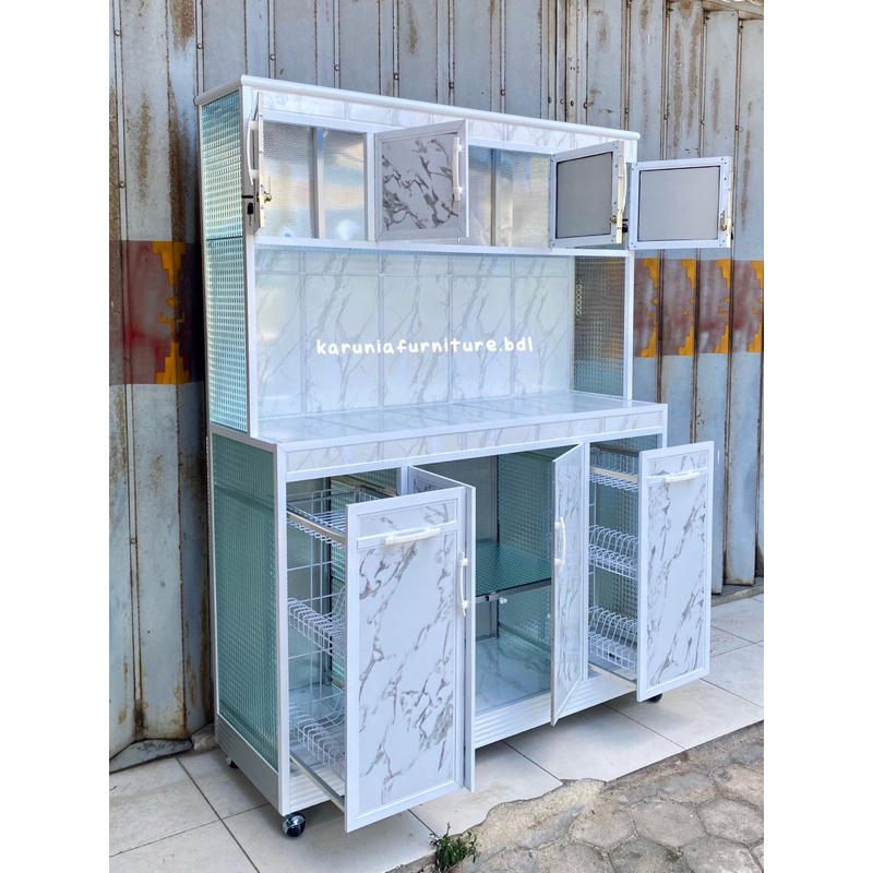 RAK PIRING HOLO ALUMINIUM ACP TARIKAN 2 LACI RODA 4 PINTU | RAK PIRING MARBLE PUTIH HITAM | FREE ONG