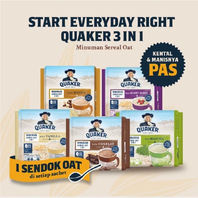 

Quaker 3 in 1 Instant Oatmeal All Varian | Matcha | Chocolate | Vanilla | Berry Burst (1pak)