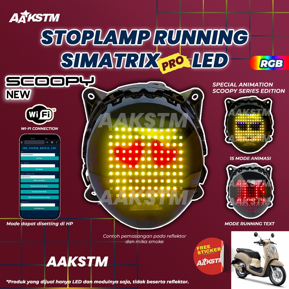 Stoplamp Running Text Animasi Scoopy New Simatrix Pro RGB Lampu LED Rem Modifikasi Motor
