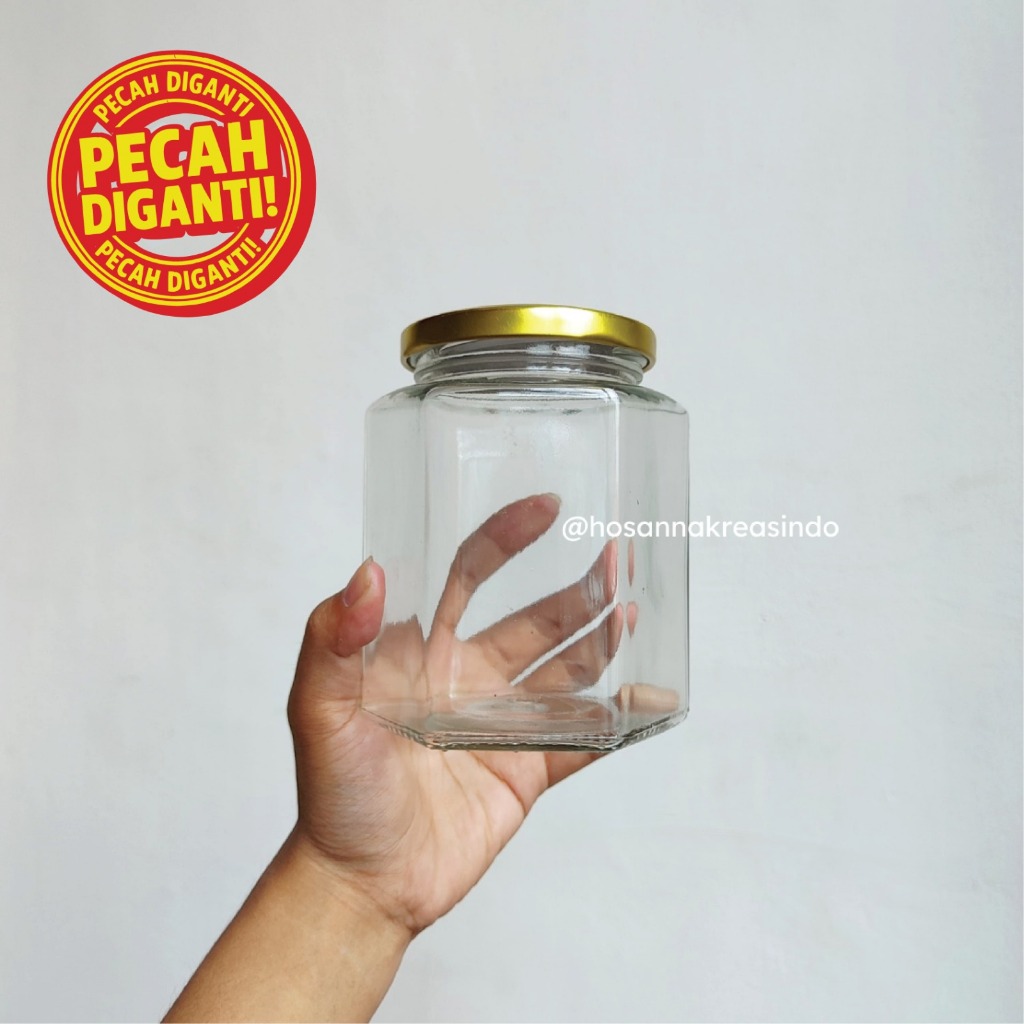 ‼️ PECAH DIGANTI ‼️ Jar Kaca Tutup Emas 500ml / Hexagonal Jar Gold Lid 500ml - HX06