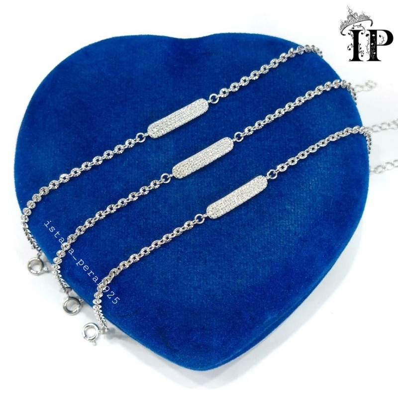 Gelang Tangan Dewasa Perak Asli Silver 925 Lapis Emas Putih Model Rantai Nori Ukir+Paneng Permata - 