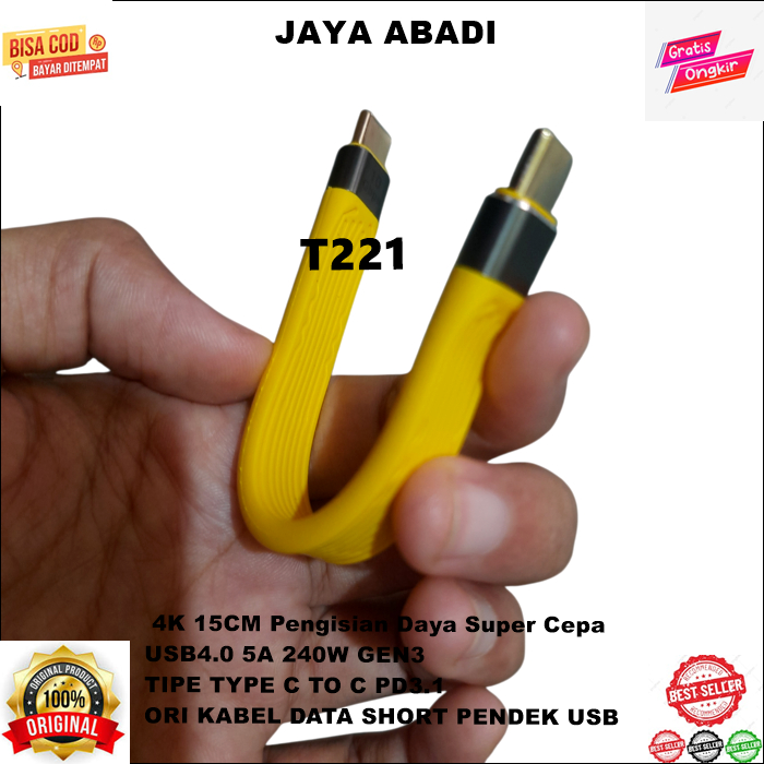 T221 COD ORI KABEL DATA SHORT PENDEK USB TIPE TYPE C TO C PD3.1 USB4.0 5A 240W GEN3 4K 15CM Pengisi