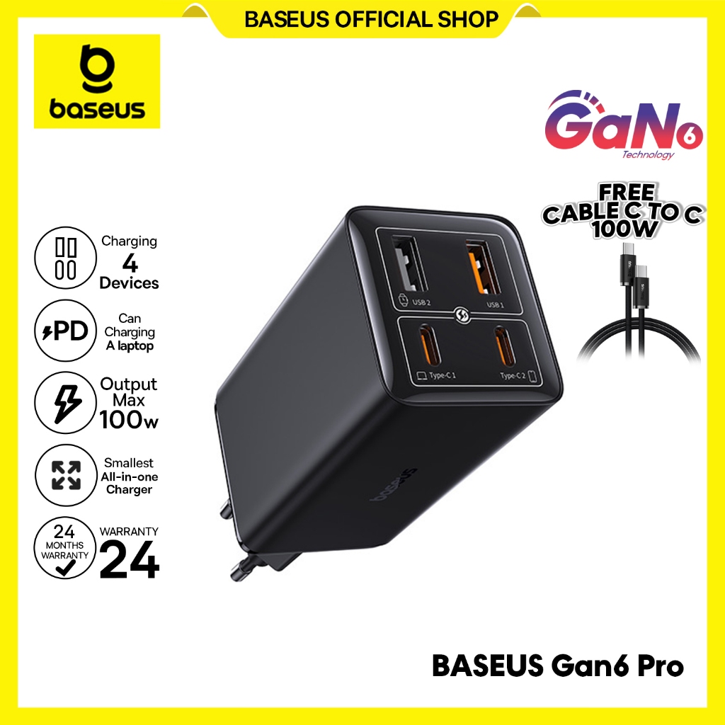 Baseus Charger GaN6 Pro Fast Charging 2C+2U 100W With Cable Type-C to Type-C 100W 5A Cut Off