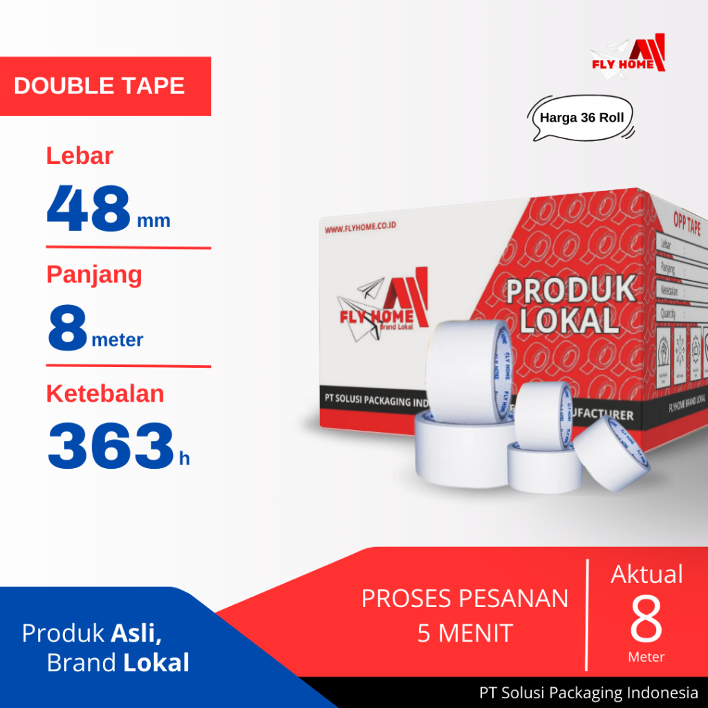 

FLYHOME Double tape 1/2 dus 48mm x 8meter 36 roll hotmel ukuran full