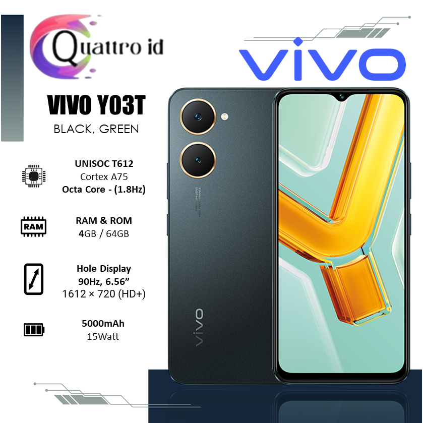 Vivo Y03T 4/64GB - Jaringan 4G Kamera 13MP Battery 5000mAh Warna Black - Green | Garansi Resmi
