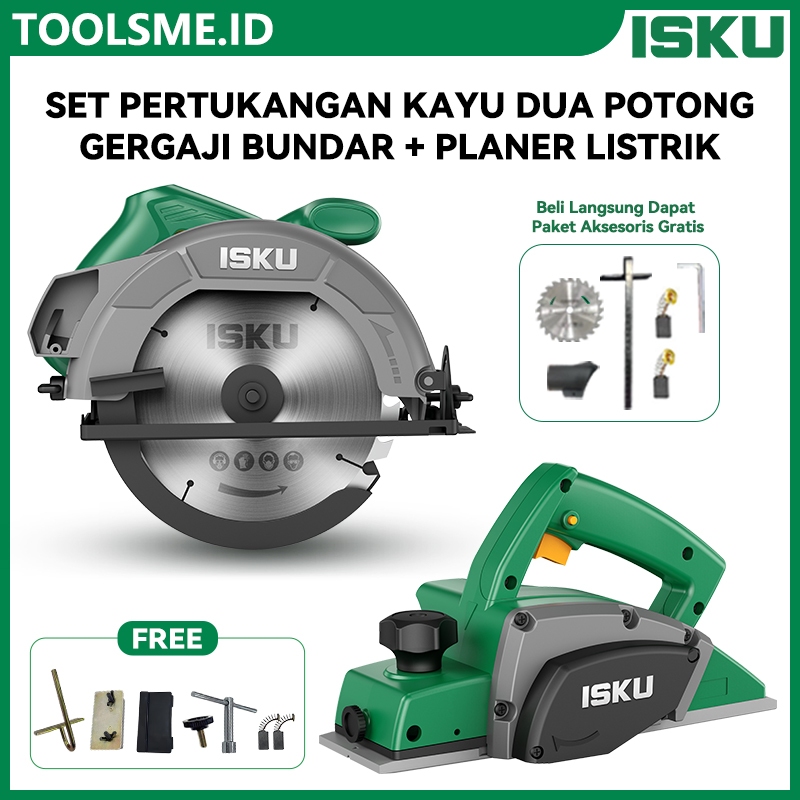 ISKU Set dua bagian pertukangan kayu Gergaji bundar listrik/planer listrik Set planer listrik motor 