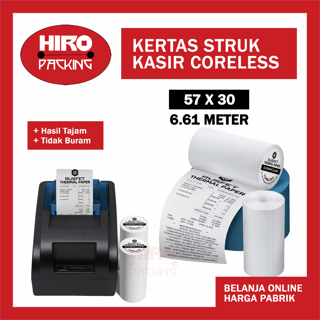 

Kertas Struk Thermal Paper Rol 57x30, 57x40 Coreless, 80x40, 80x50, 80x80 Core EDC, Printer Mini Bluetooth