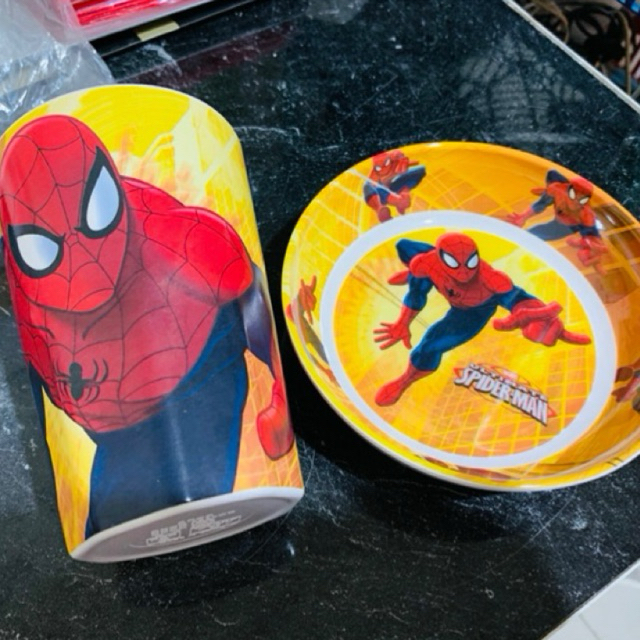 paket 2in1 MANGKOK melamin set piring gelas set karakter cowok cowo spidermen spiderman