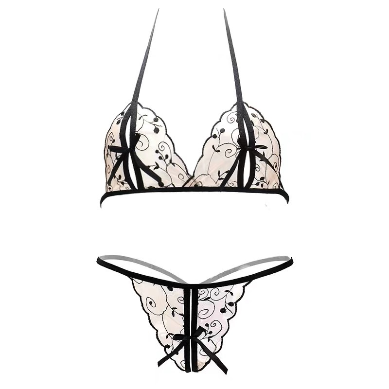Set Bra G String Open crotch Lingerie Sexy Bordir Transparan Renda B0360