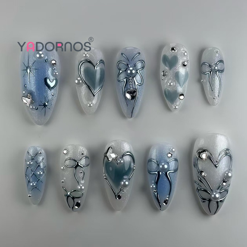 YADORNOS 24pcs - Kuku Palsu Biru Dingin dan Bermimpi - Lampu Bintang Mutiara Berlian Berlian Tiga Di